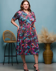 24seven Comfort Apparel Plus Size Brown and Pink Print Short Sleeve Tie Waist Midi Dress