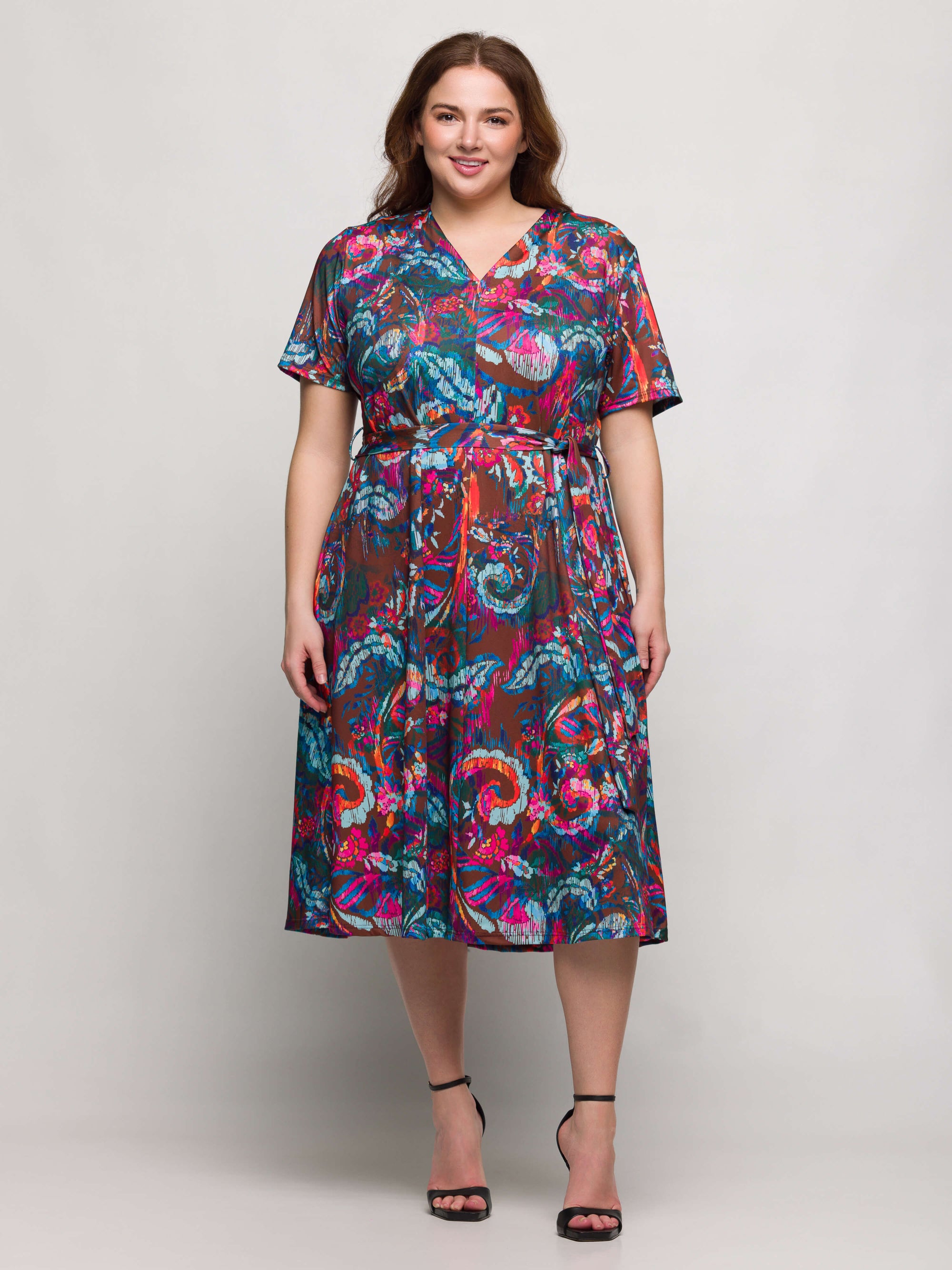 24seven Comfort Apparel Plus Size Brown and Pink Print Short Sleeve Tie Waist Midi Dress