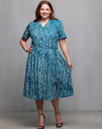 24seven Comfort Apparel Plus Size Teal Print Short Sleeve Tie Waist Midi Dress