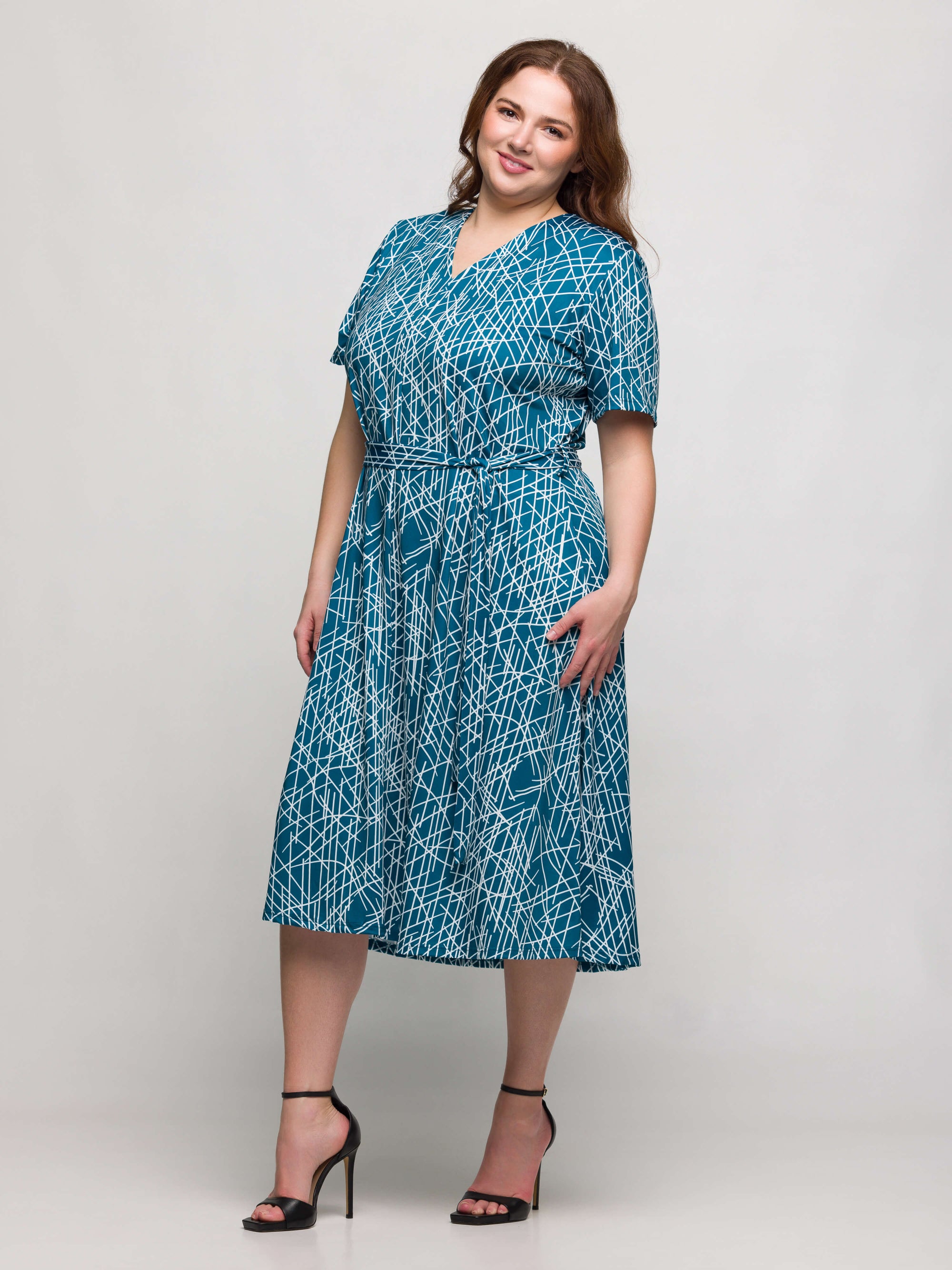 24seven Comfort Apparel Plus Size Teal Print Short Sleeve Tie Waist Midi Dress