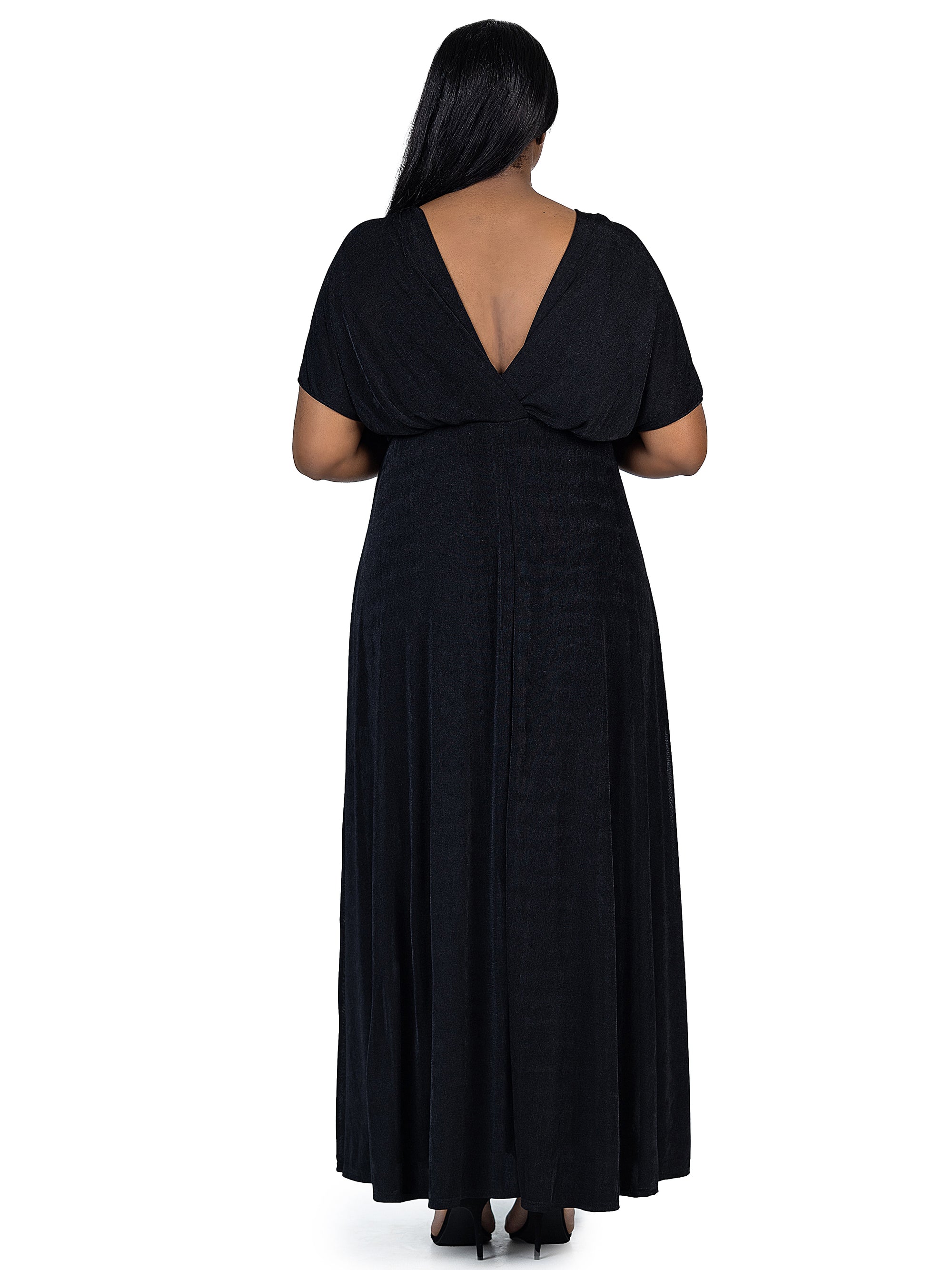 24seven Comfort Apparel Plus Size Flutter Sleeve Metallic Knit Maxi Dress Front Slit Empire Waist