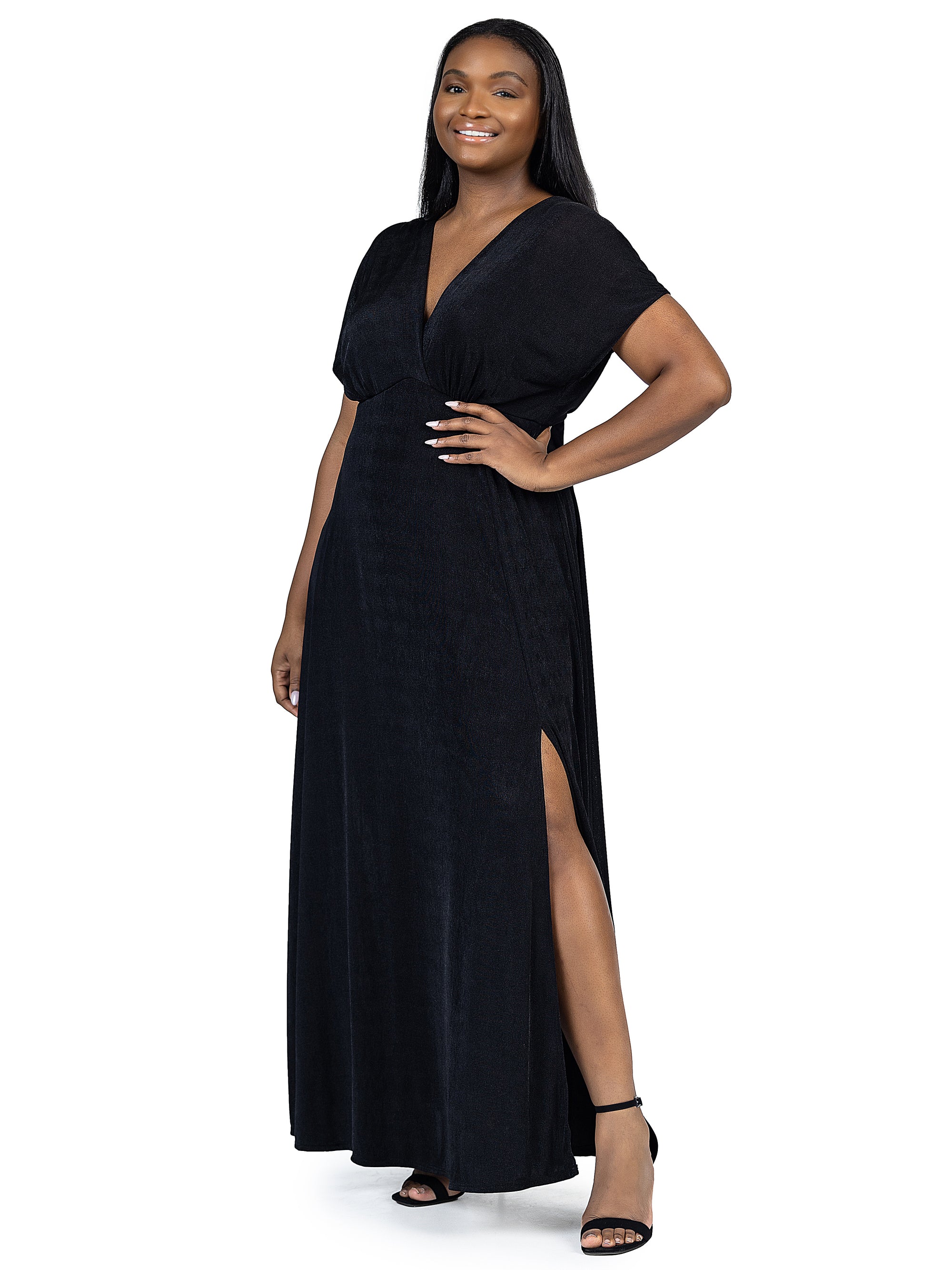 24seven Comfort Apparel Plus Size Flutter Sleeve Metallic Knit Maxi Dress Front Slit Empire Waist
