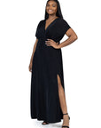 24seven Comfort Apparel Plus Size Flutter Sleeve Metallic Knit Maxi Dress Front Slit Empire Waist