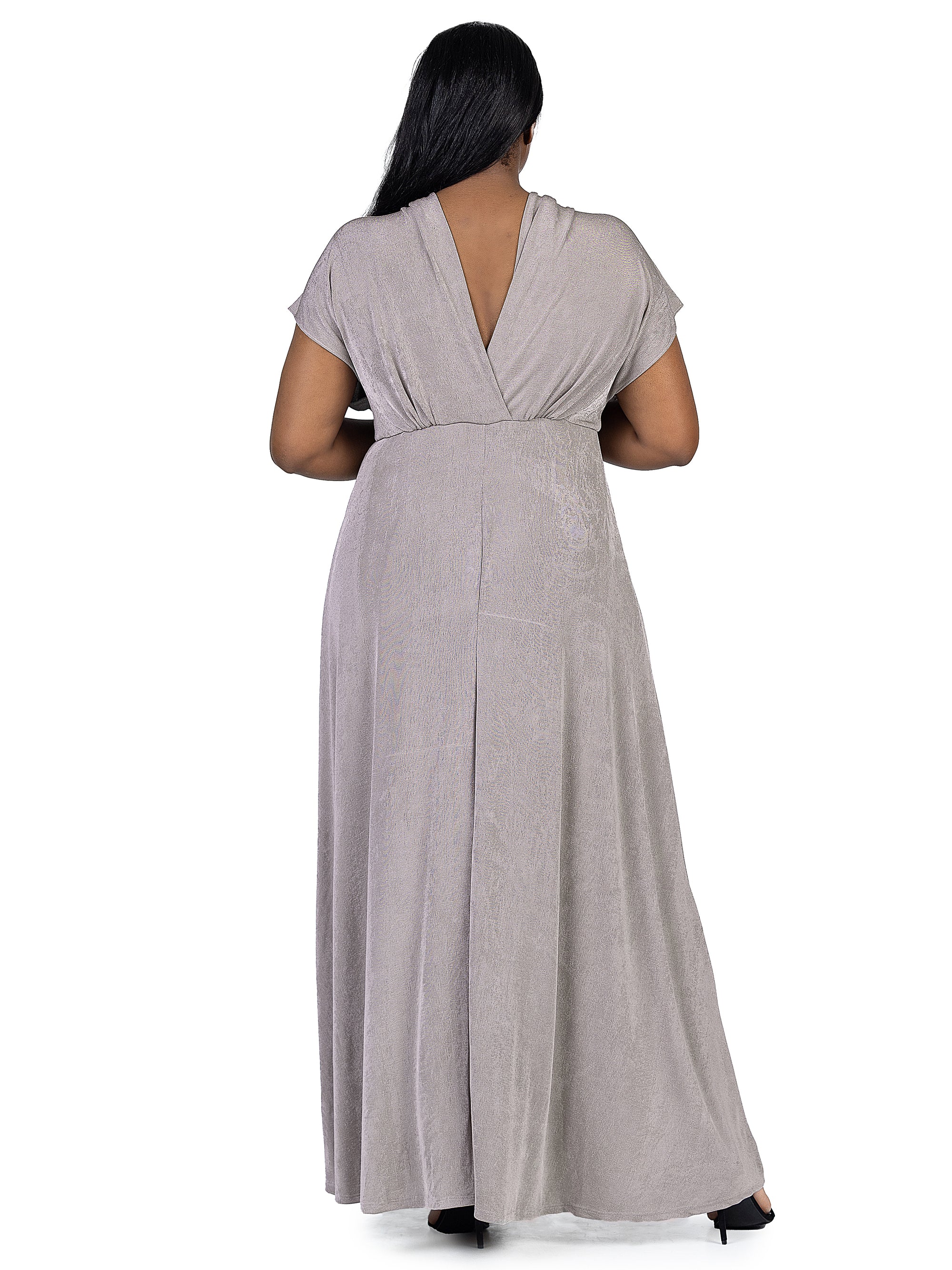 24seven Comfort Apparel Plus Size Flutter Sleeve Metallic Knit Maxi Dress Front Slit Empire Waist