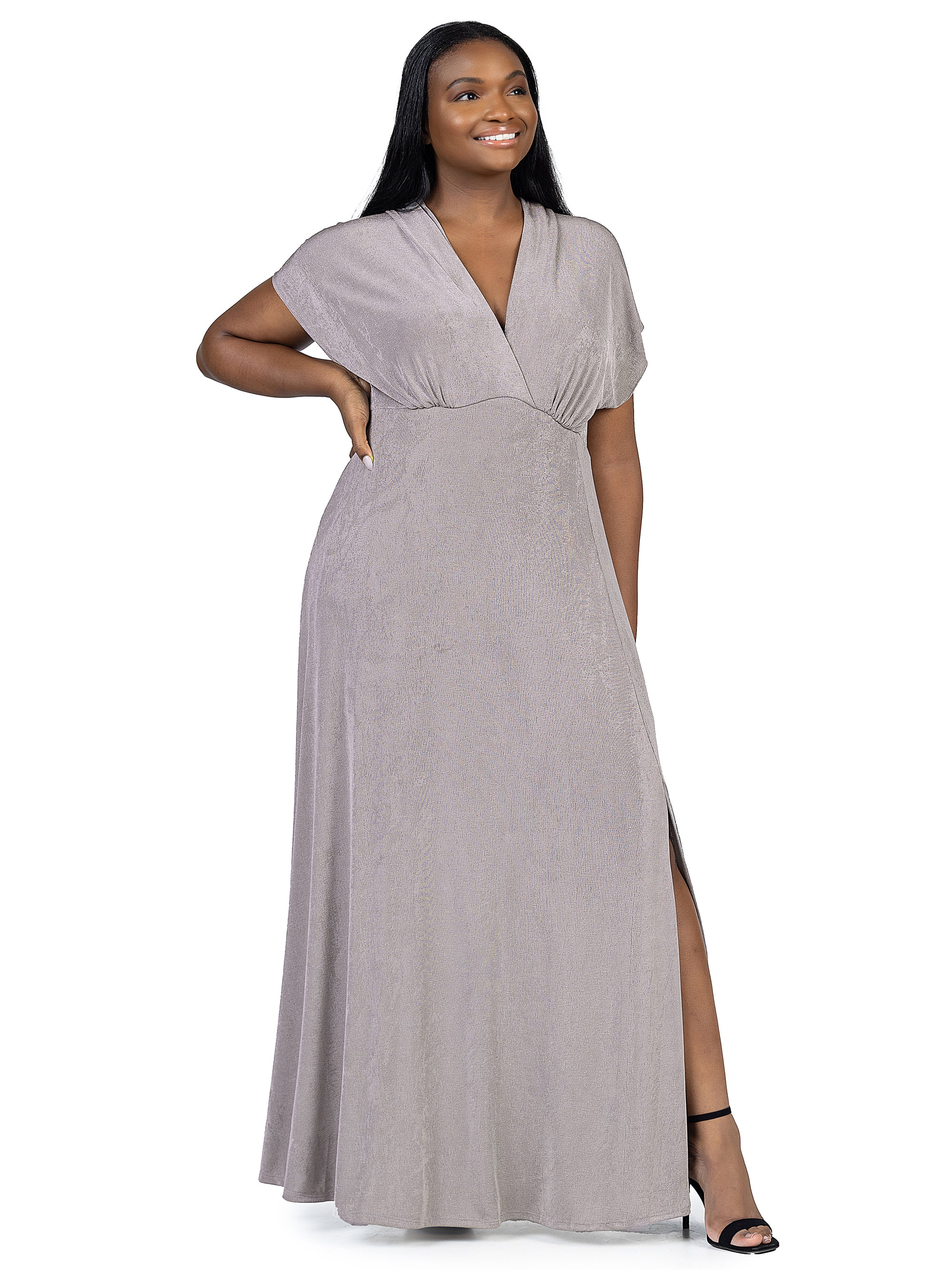 24seven Comfort Apparel Plus Size Flutter Sleeve Metallic Knit Maxi Dress Front Slit Empire Waist