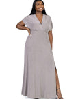 24seven Comfort Apparel Plus Size Flutter Sleeve Metallic Knit Maxi Dress Front Slit Empire Waist