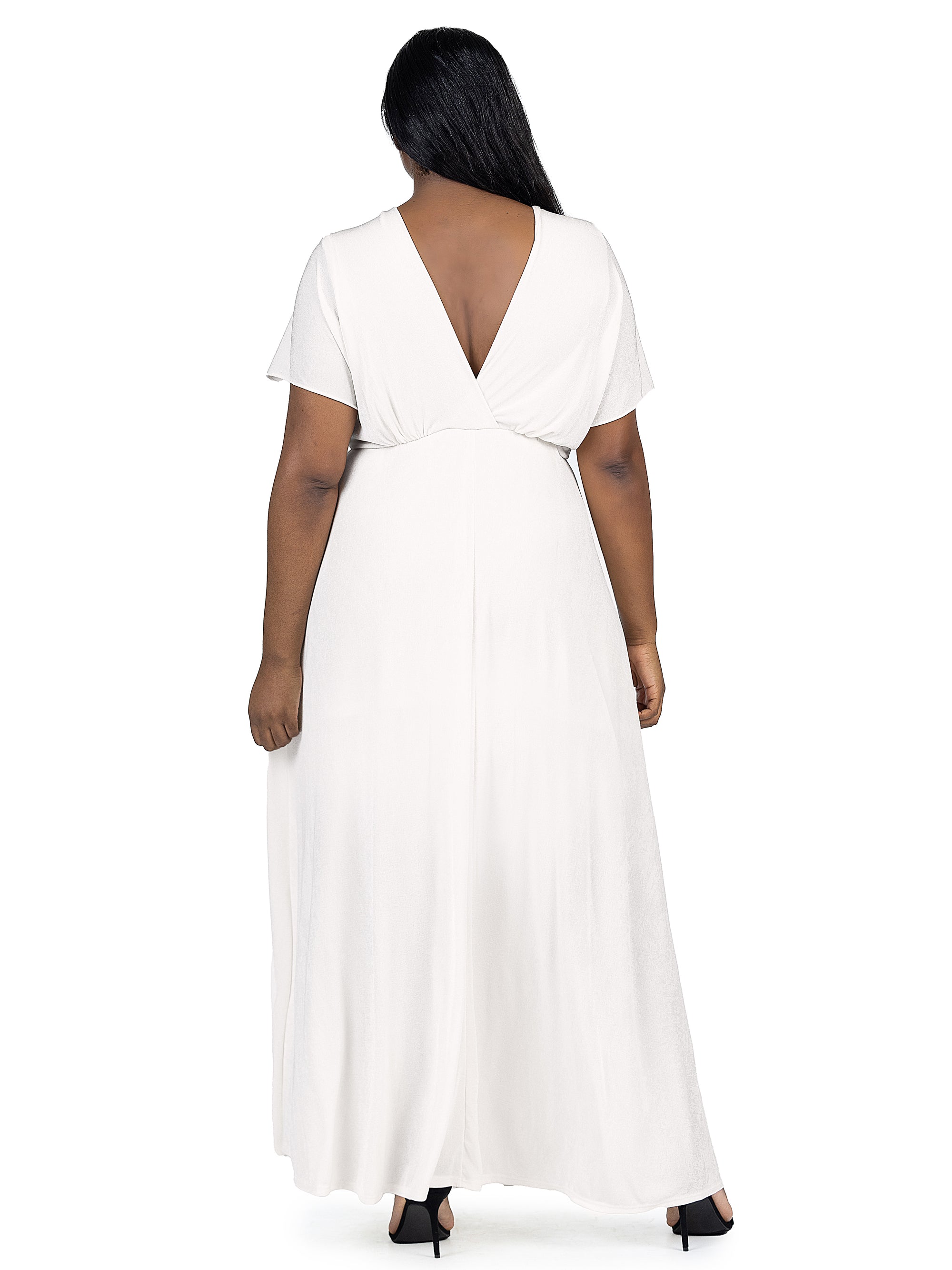 24seven Comfort Apparel Plus Size Flutter Sleeve Metallic Knit Maxi Dress Front Slit Empire Waist