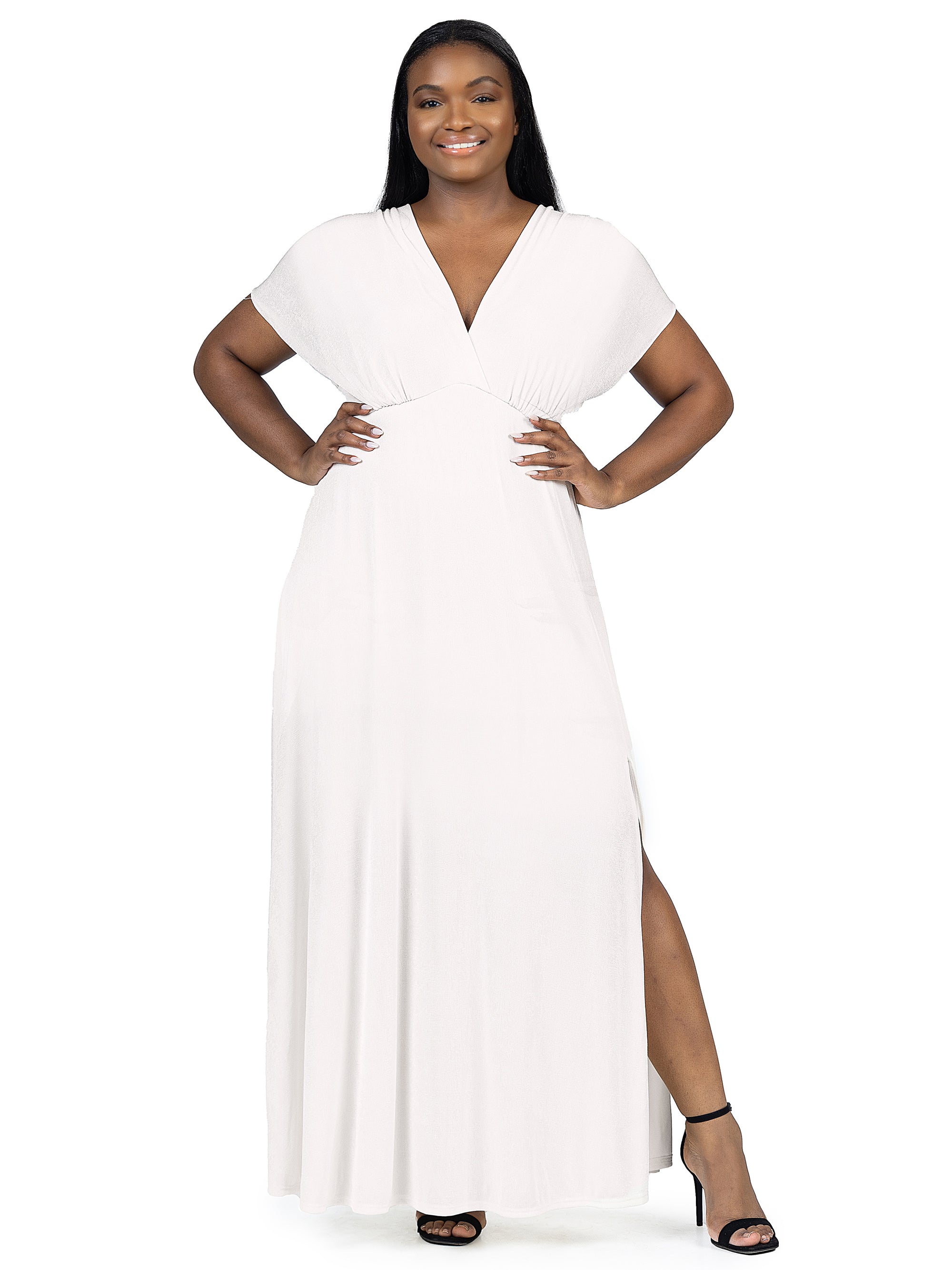 24seven Comfort Apparel Plus Size Flutter Sleeve Metallic Knit Maxi Dress Front Slit Empire Waist