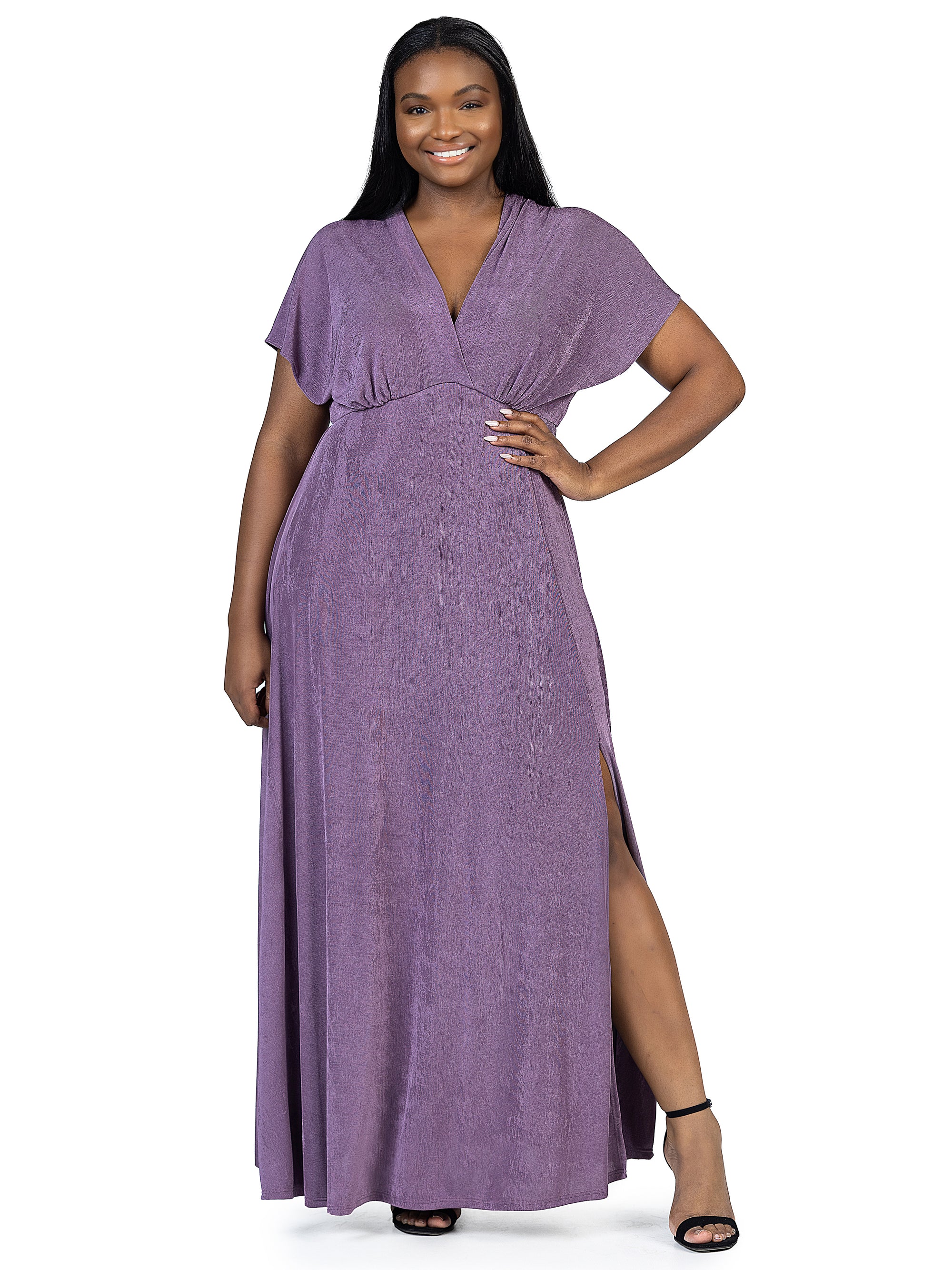 24seven Comfort Apparel Plus Size Flutter Sleeve Metallic Knit Maxi Dress Front Slit Empire Waist