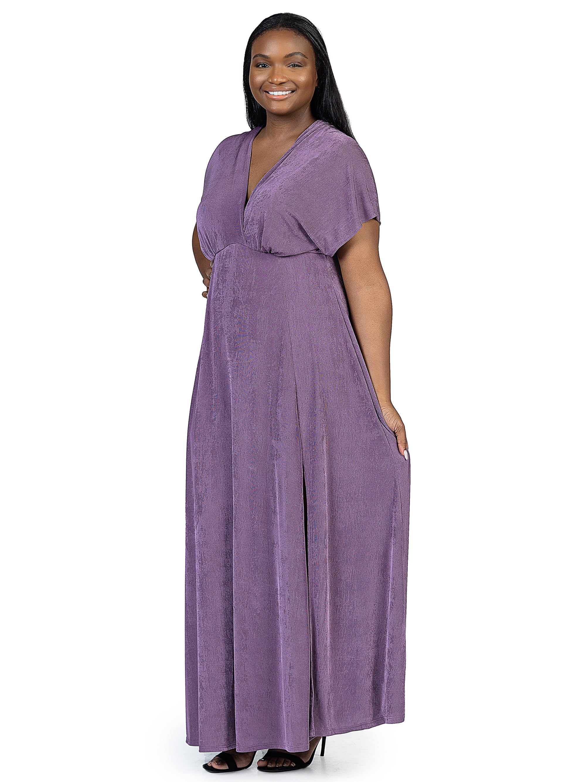 24seven Comfort Apparel Plus Size Flutter Sleeve Metallic Knit Maxi Dress Front Slit Empire Waist