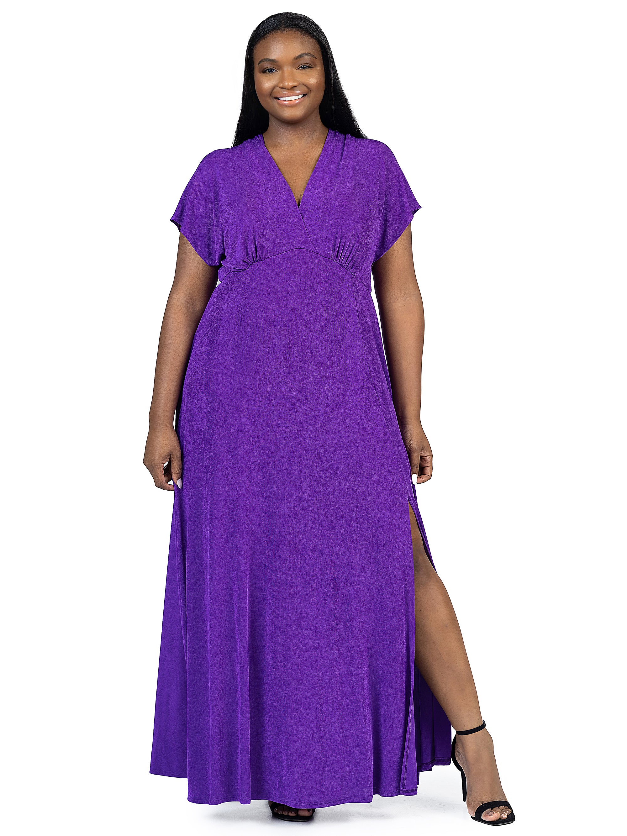 24seven Comfort Apparel Plus Size Flutter Sleeve Metallic Knit Maxi Dress Front Slit Empire Waist