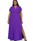 24seven Comfort Apparel Plus Size Flutter Sleeve Metallic Knit Maxi Dress Front Slit Empire Waist