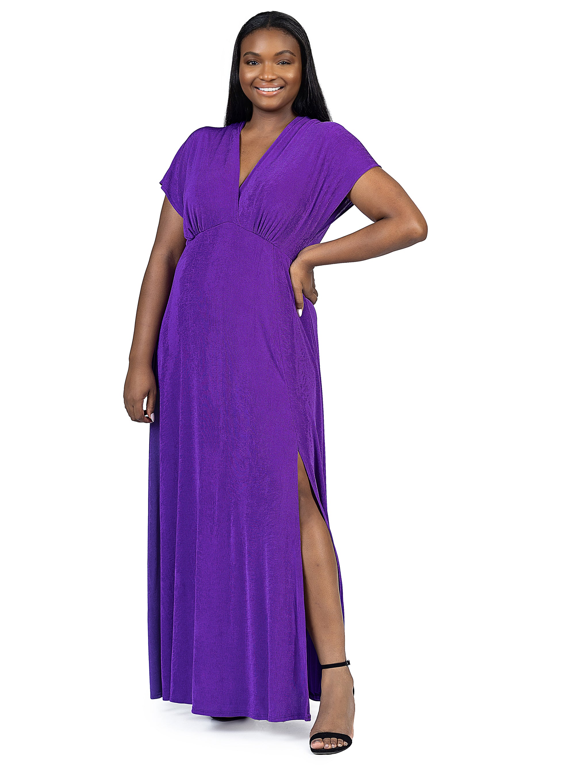 24seven Comfort Apparel Plus Size Flutter Sleeve Metallic Knit Maxi Dress Front Slit Empire Waist