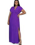 24seven Comfort Apparel Plus Size Flutter Sleeve Metallic Knit Maxi Dress Front Slit Empire Waist