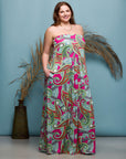 24seven Comfort Apparel Plus Size Pink Paisley A Line Strapless Maxi Dress With Pockets