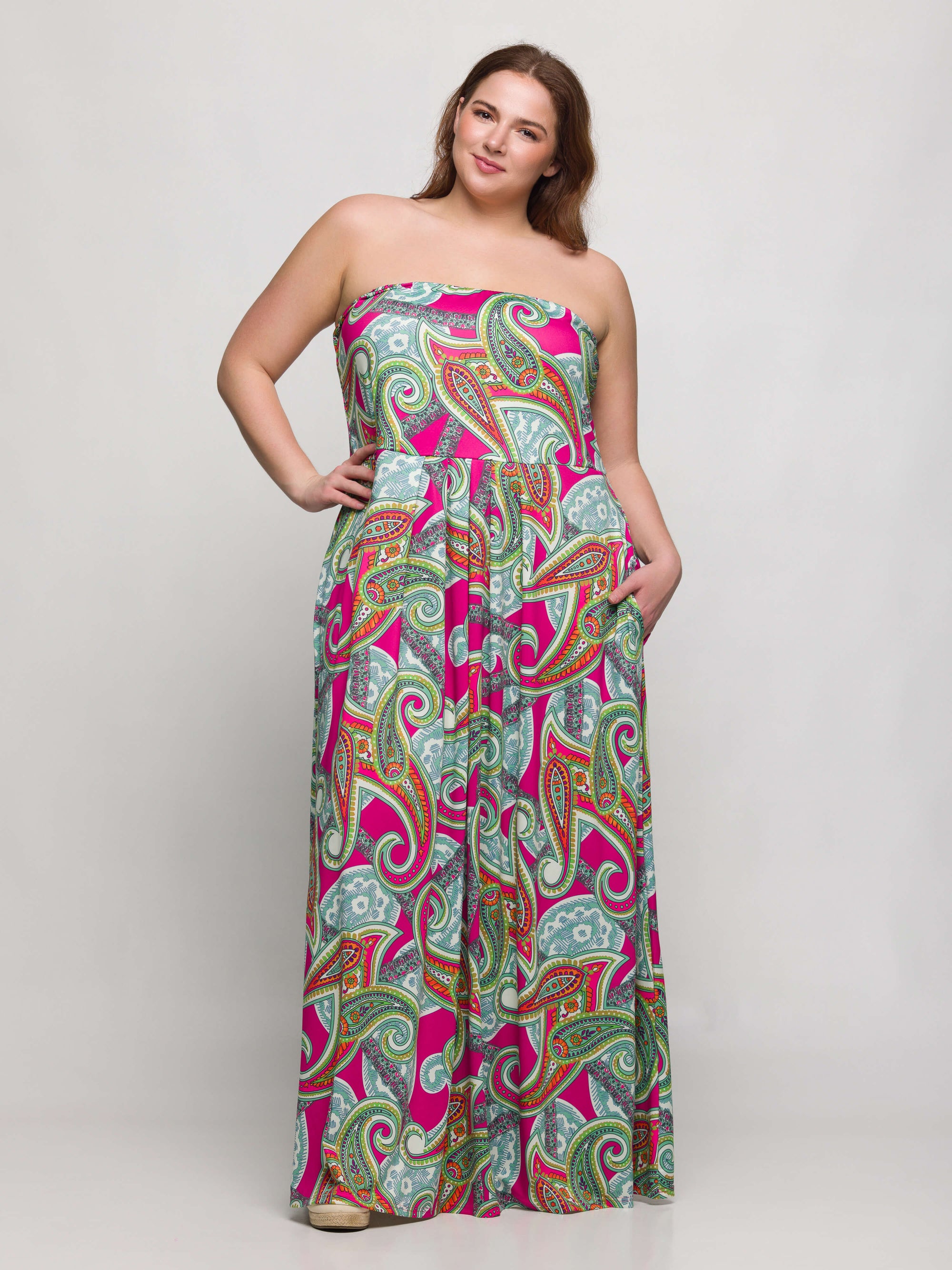 24seven Comfort Apparel Plus Size Pink Paisley A Line Strapless Maxi Dress With Pockets