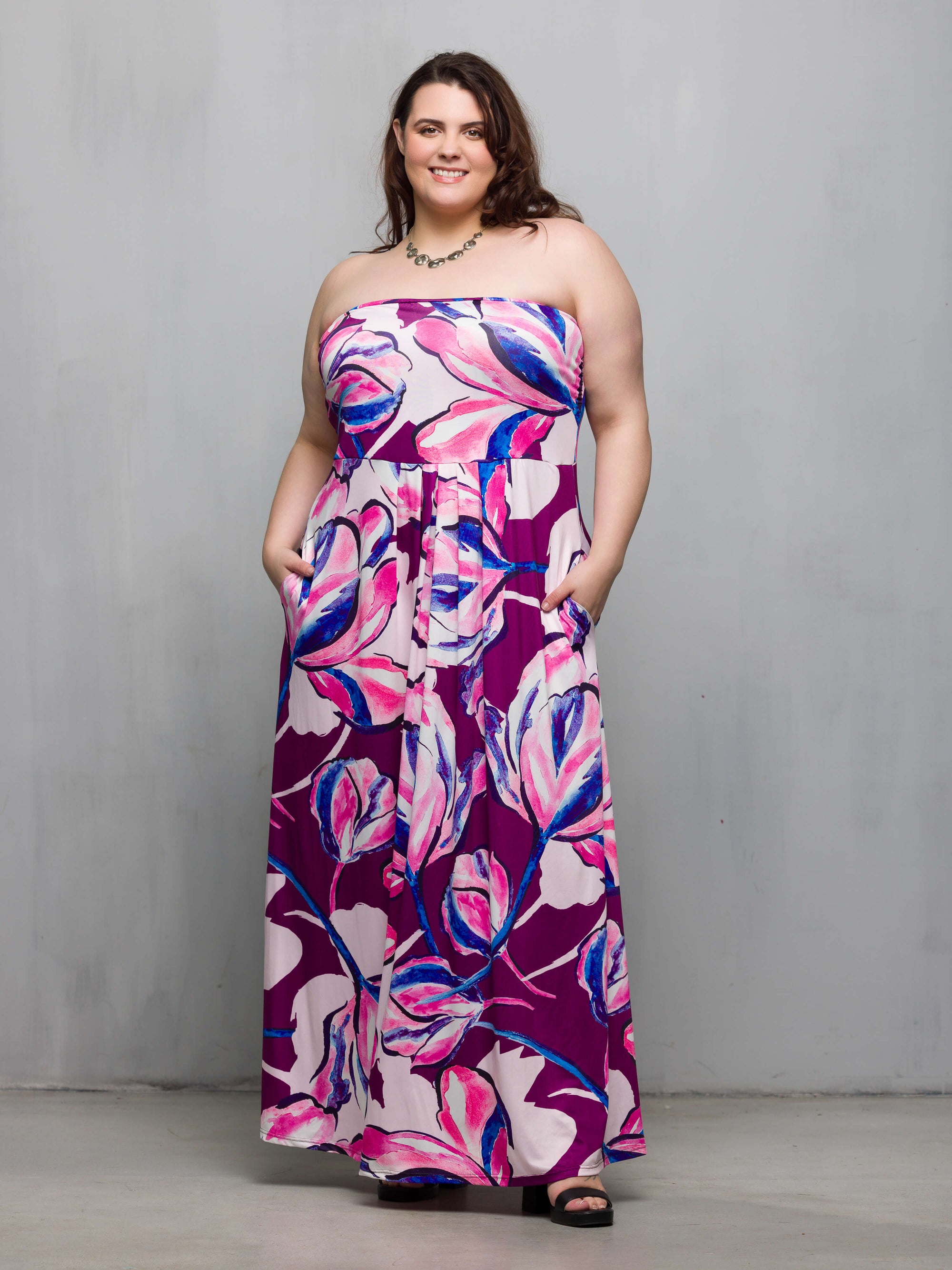 24seven Comfort Apparel Plus Size Purple Floral A Line Strapless Maxi Dress With Pockets
