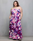 24seven Comfort Apparel Plus Size Purple Floral A Line Strapless Maxi Dress With Pockets