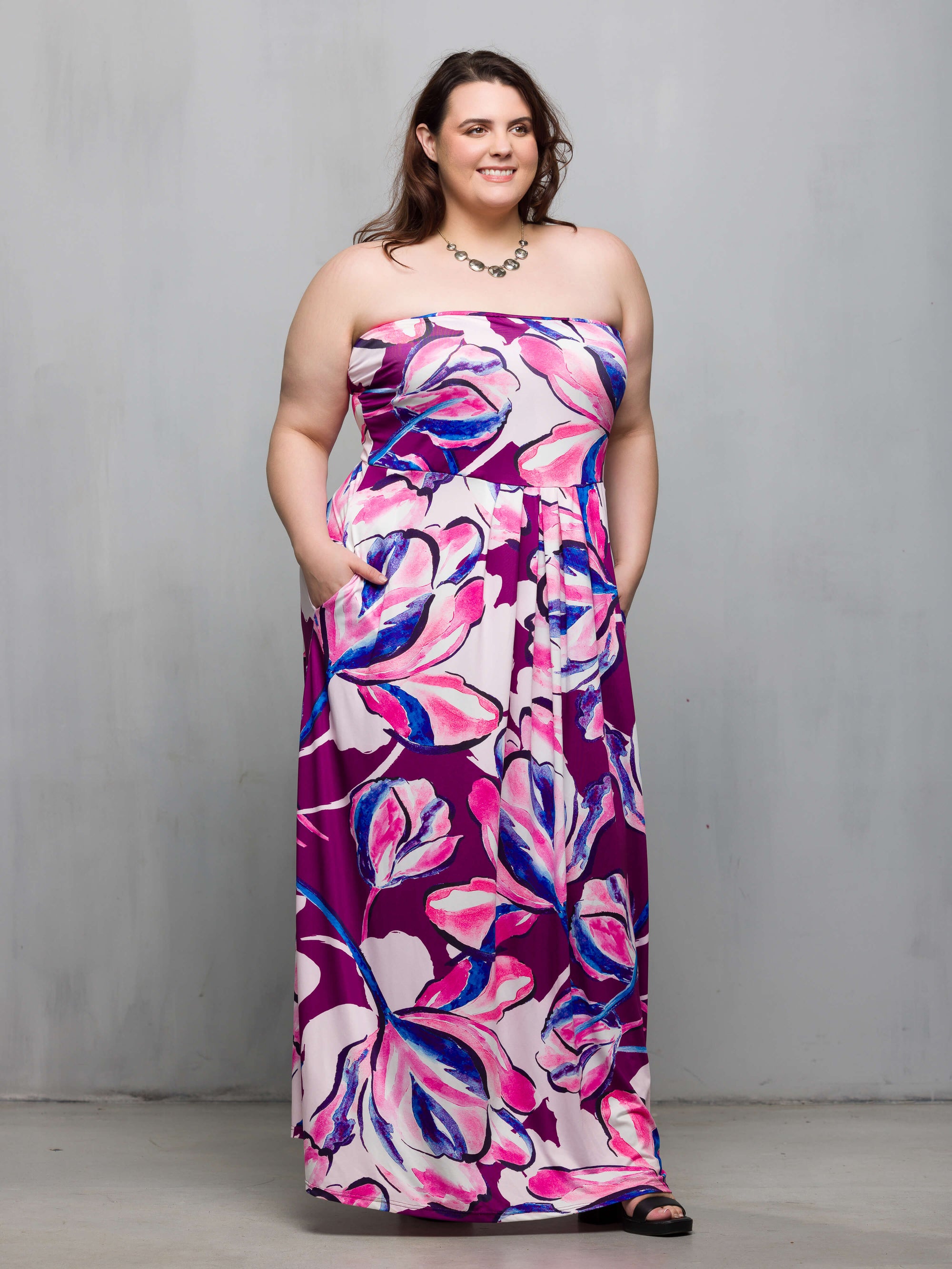 24seven Comfort Apparel Plus Size Purple Floral A Line Strapless Maxi Dress With Pockets