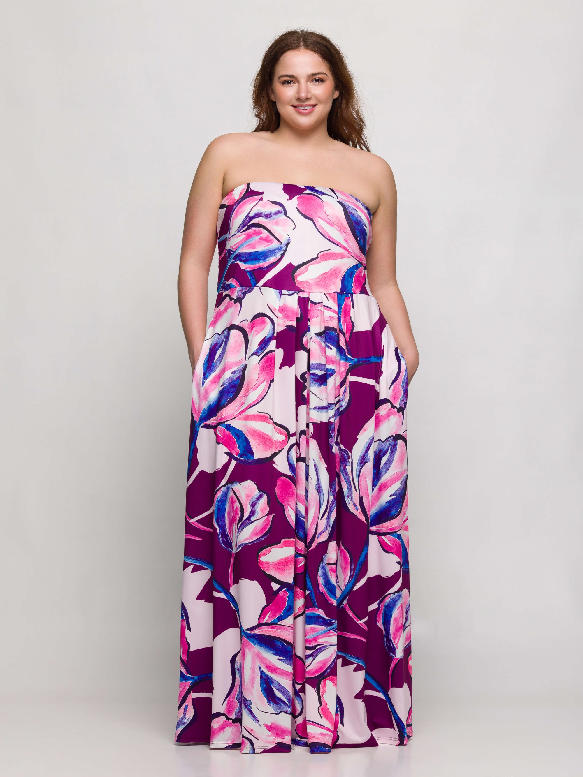 24seven Comfort Apparel Plus Size Purple Floral A Line Strapless Maxi Dress With Pockets