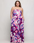 24seven Comfort Apparel Plus Size Purple Floral A Line Strapless Maxi Dress With Pockets