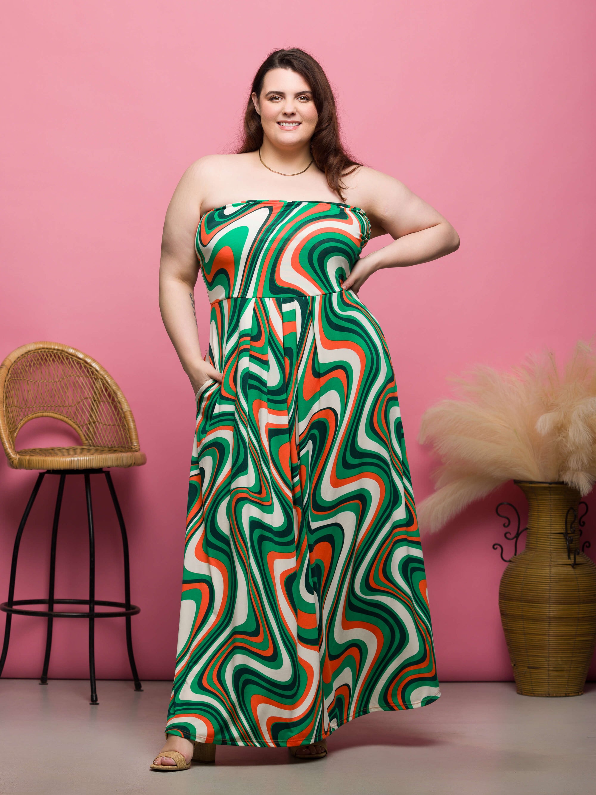 24seven Comfort Apparel Plus Size Green Print A Line Strapless Maxi Dress With Pockets