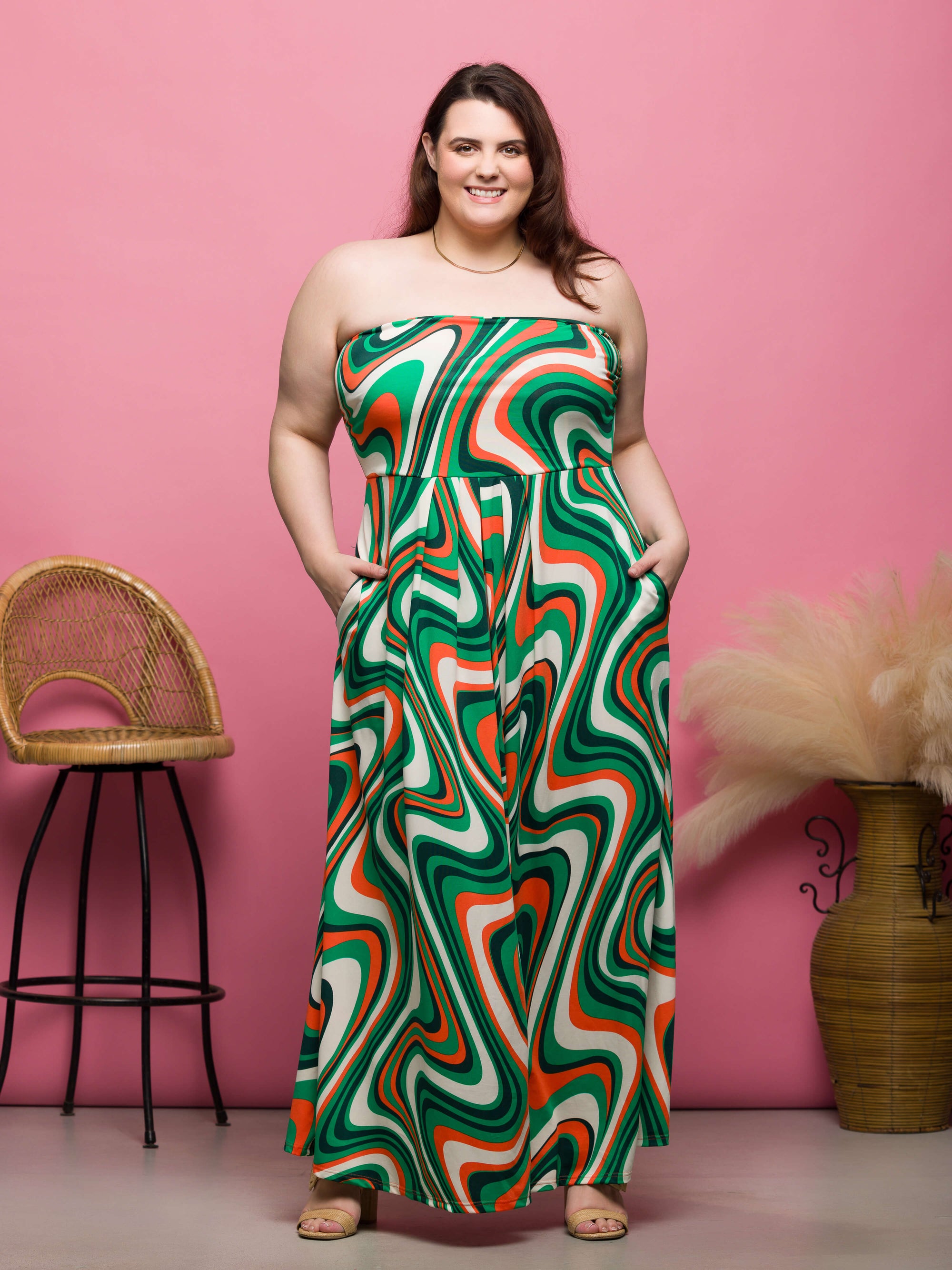 24seven Comfort Apparel Plus Size Green Print A Line Strapless Maxi Dress With Pockets