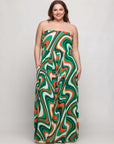 24seven Comfort Apparel Plus Size Green Print A Line Strapless Maxi Dress With Pockets