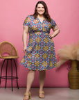 24seven Comfort Apparel Plus Size Floral Print Short Sleeve Knee Length V Neck Wrap Dress