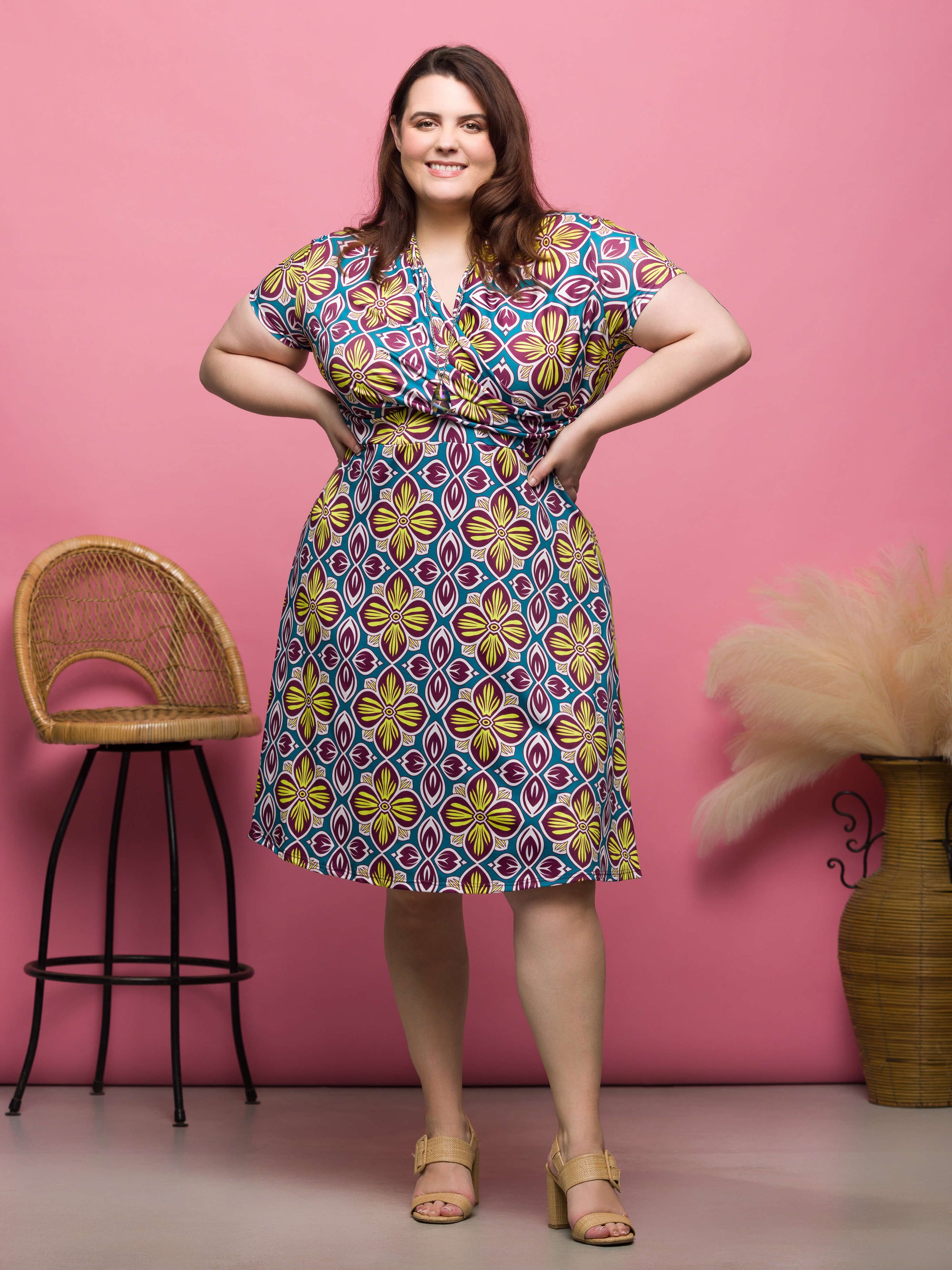 24seven Comfort Apparel Plus Size Floral Print Short Sleeve Knee Length V Neck Wrap Dress