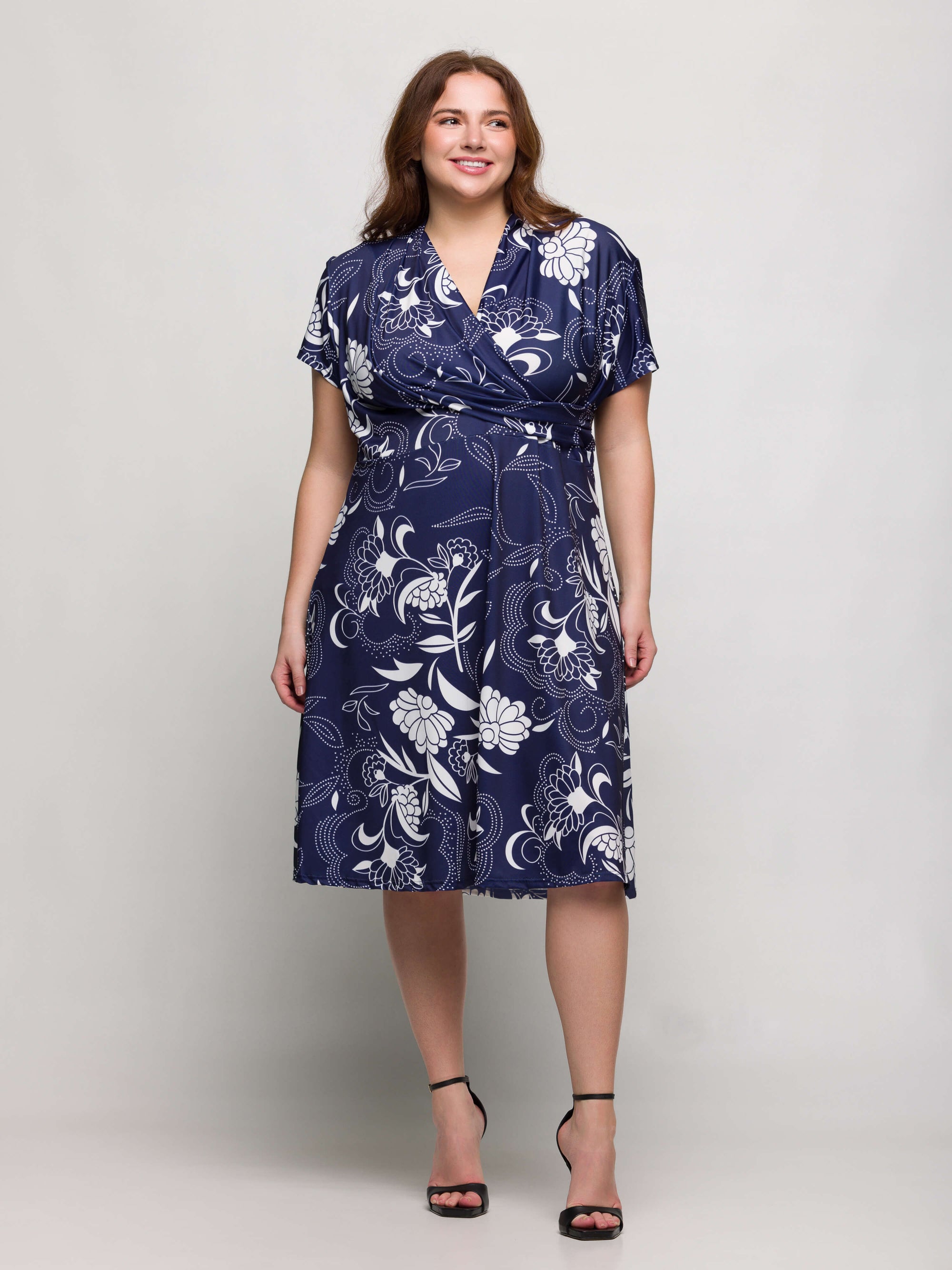 24seven Comfort Apparel Plus Size Navy Print Short Sleeve Knee Length V Neck Wrap Dress