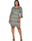 Plus Size Green Geometric Print Three Quarter Sleeve Collar Mini Dress