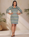 Plus Size Green Geometric Print Three Quarter Sleeve Collar Mini Dress