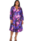 Plus Size Multicolor Pleated V Neck Empire Waist Bishop Sleeve Midi Dress