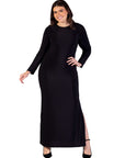 Plus Size Fitted Long Sleeve Shimmery Fabric Side Slit Maxi Dress