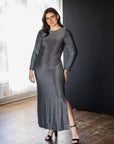 Plus Size Fitted Long Sleeve Shimmery Fabric Side Slit Maxi Dress
