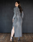 Plus Size Fitted Long Sleeve Shimmery Fabric Side Slit Maxi Dress