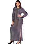 Plus Size Fitted Long Sleeve Shimmery Fabric Side Slit Maxi Dress