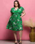 24seven Comfort Apparel Plus Size Cap Sleeve Green Floral V Neck Knee Length Pocket Dress