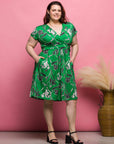 24seven Comfort Apparel Plus Size Cap Sleeve Green Floral V Neck Knee Length Pocket Dress