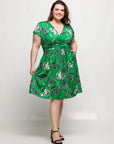 24seven Comfort Apparel Plus Size Cap Sleeve Green Floral V Neck Knee Length Pocket Dress