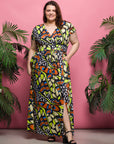 24seven Comfort Apparel Plus Size Butterfly Print Cap Sleeve V Neck Side Slit Pocket Maxi Dress