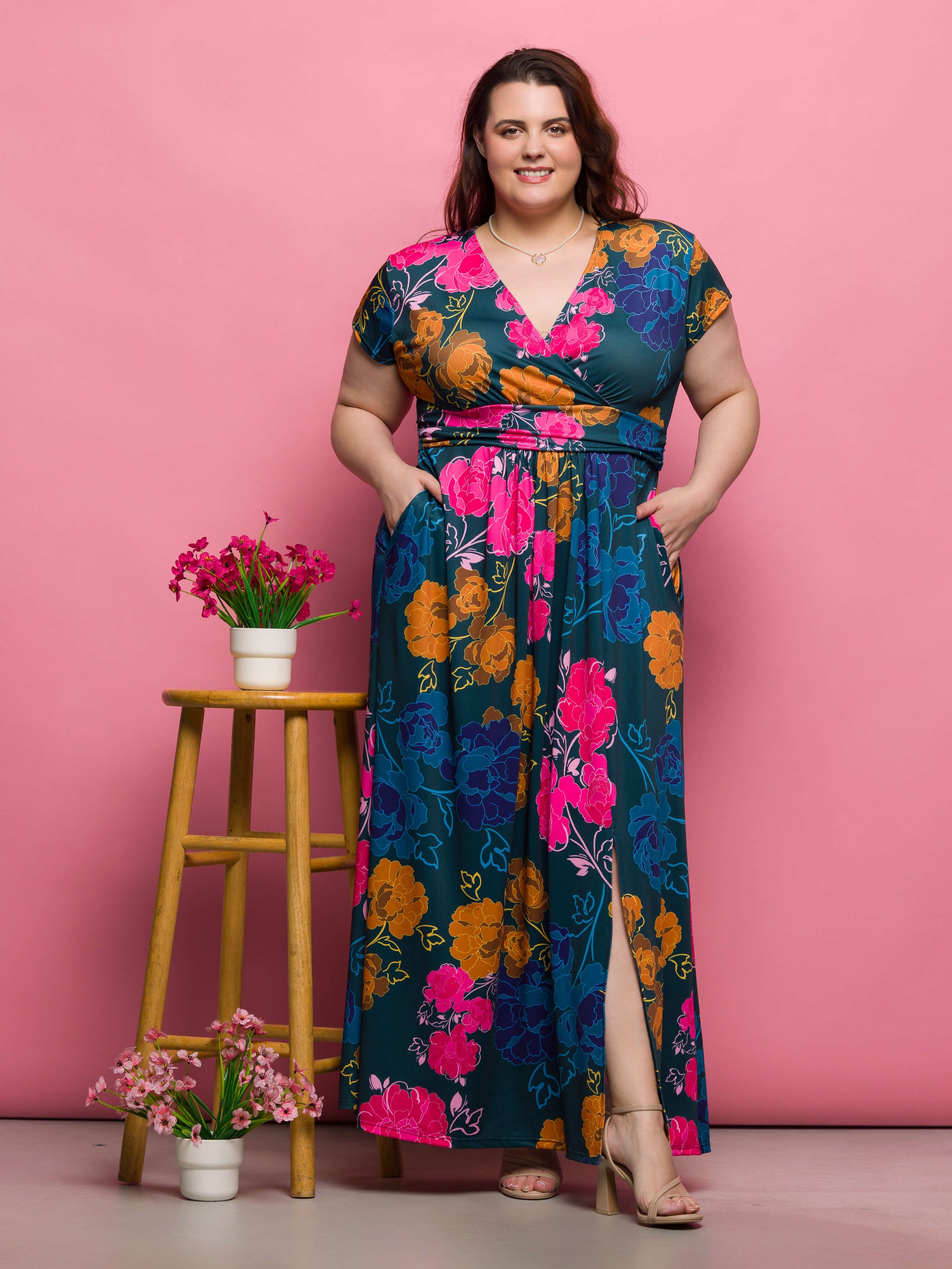 24seven Comfort Apparel Plus Size Floral Print Cap Sleeve V Neck Side Slit Pocket Maxi Dress