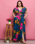 24seven Comfort Apparel Plus Size Floral Print Cap Sleeve V Neck Side Slit Pocket Maxi Dress
