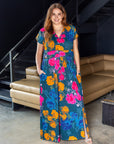 24seven Comfort Apparel Plus Size Floral Print Cap Sleeve V Neck Side Slit Pocket Maxi Dress