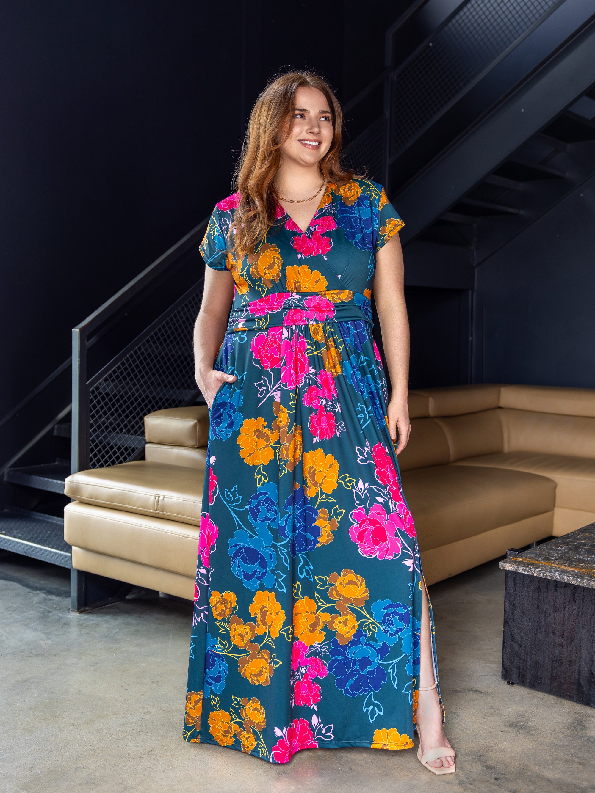 24seven Comfort Apparel Plus Size Floral Print Cap Sleeve V Neck Side Slit Pocket Maxi Dress