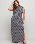 24seven Comfort Apparel Plus Size Black and White Print Sleeveless Side Slit Maxi Dress