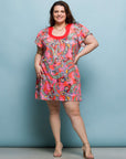 24seven Comfort Apparel Plus Size Pink Paisley Short Sleeve Scoop Neck Mini Dress