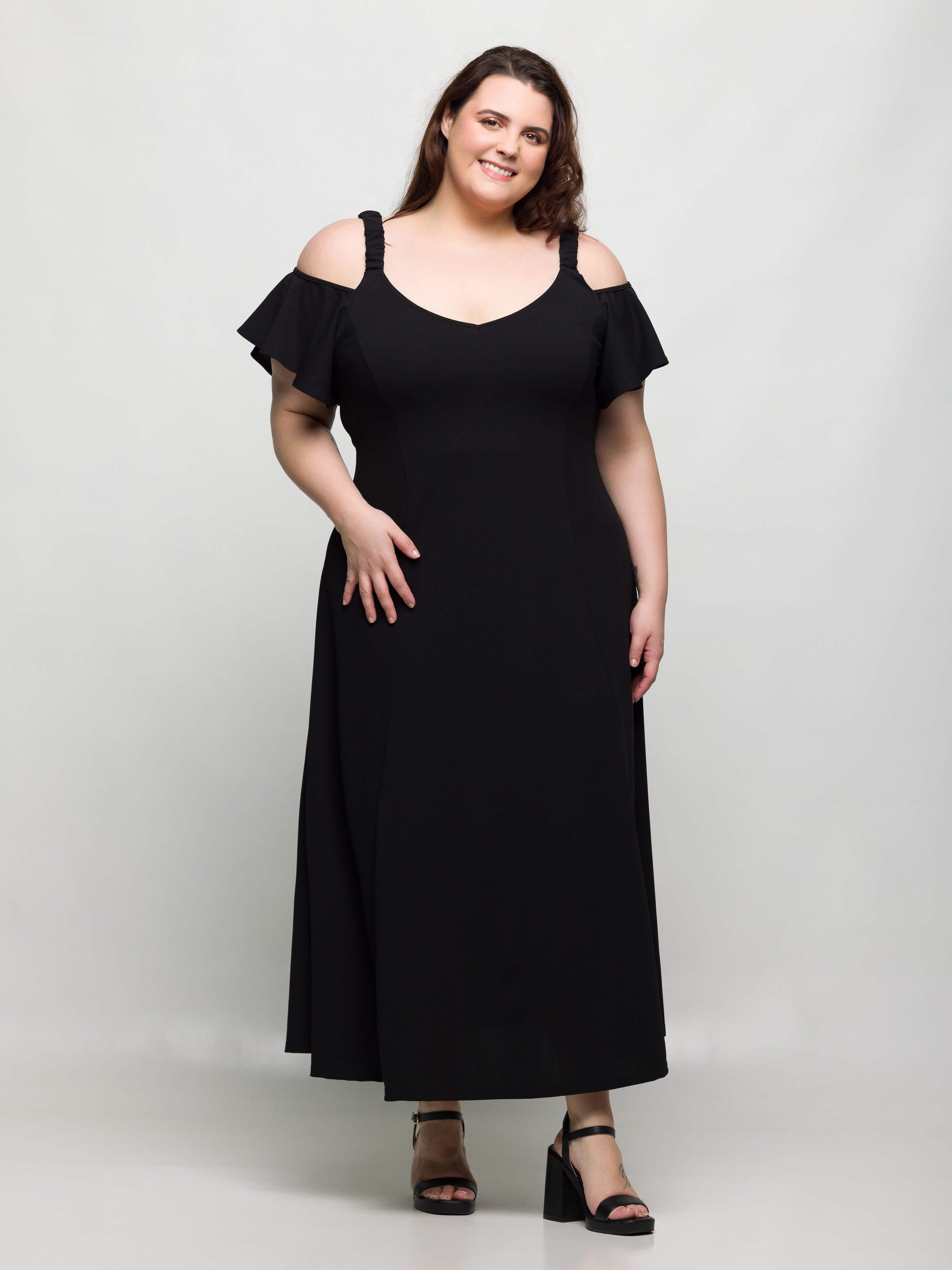 24seven Comfort Apparel Plus Size Cold Sholder Ruffle Sleeve A Line Maxi Dress