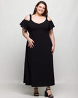 24seven Comfort Apparel Plus Size Cold Sholder Ruffle Sleeve A Line Maxi Dress
